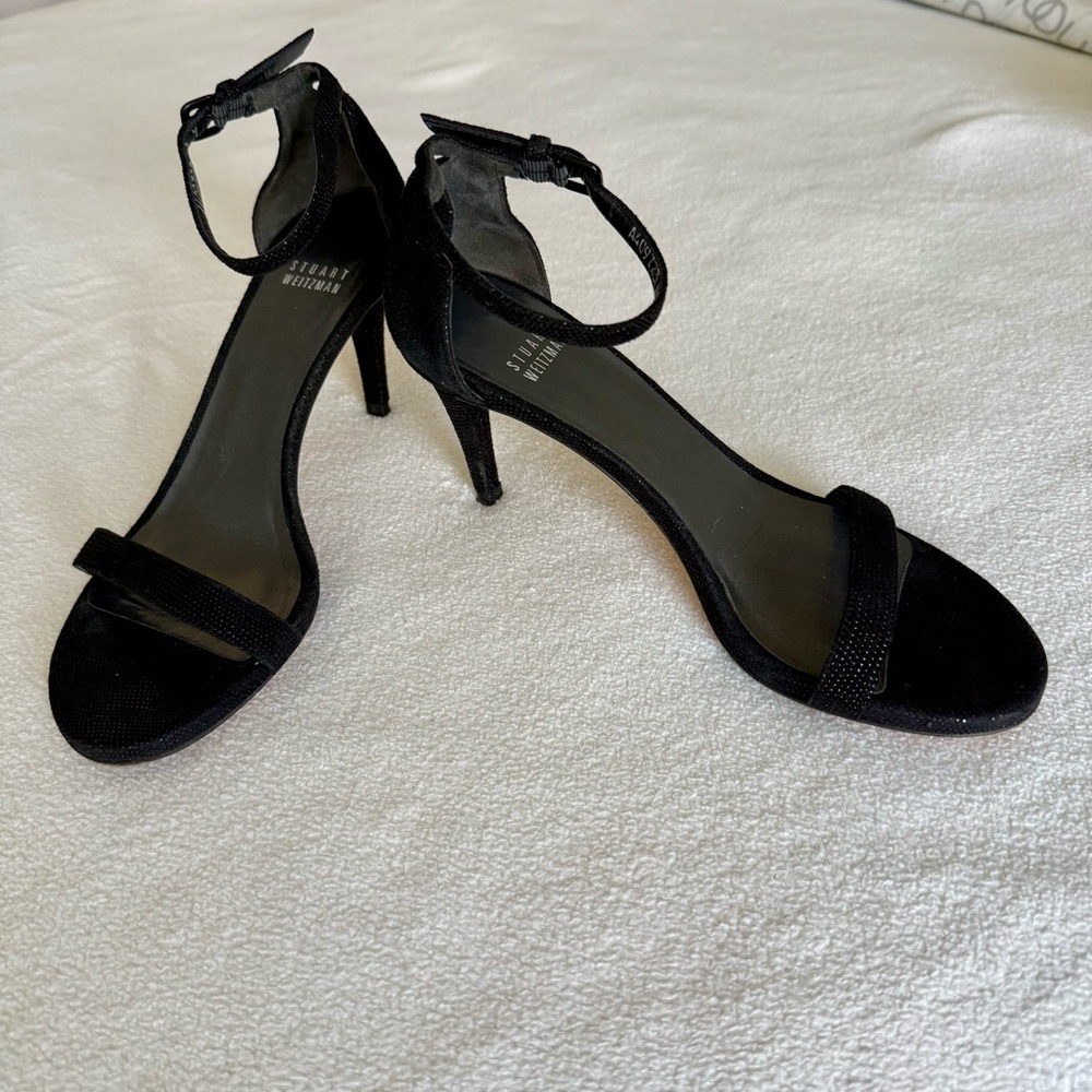 Stuart Weitzman 7 Black Pebble Textured Women's 3” Heels Open Toe Ankle Strap